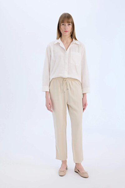 DeFacto Μπεζ Harem Belmando υφασμάτινο παντελόνι με τσέπη κανονική μέση Basic ίσιο πόδι