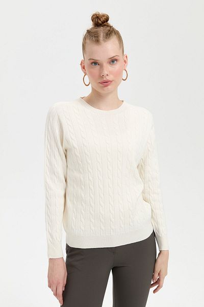 Desen Triko Women's Braided Crew Neck Sweater - Bone Color
