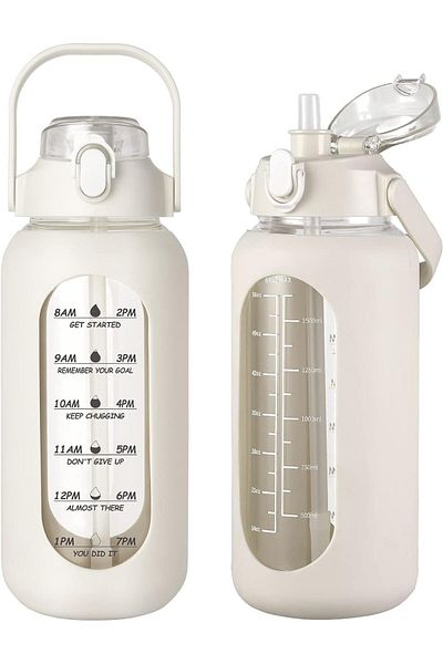 COOYA 32oz Glass Water Bottles with Straw and Time Marker, Silicone Sleeve for Outdoor (White)