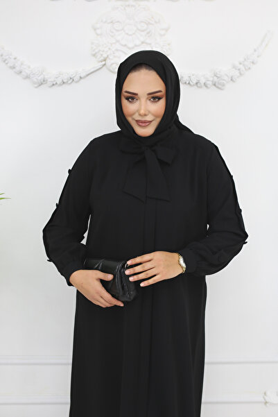 Efelif Siyah Fularlı Düğme Detaylı Fermuarlı Büyük Beden Kadın Ferace Mf-2257