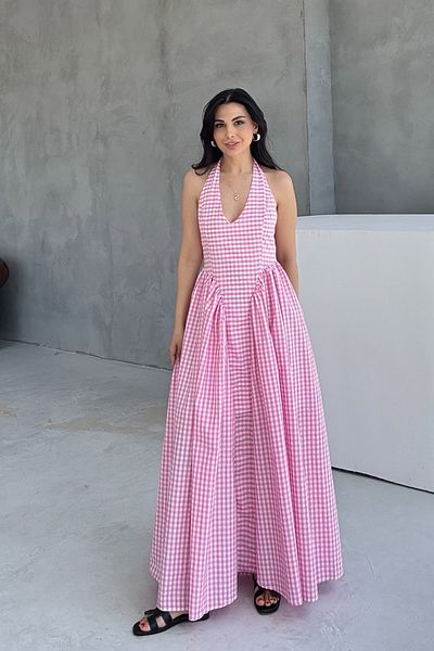 Seda Yalçın Atelier Pink Gingham Patterned Halter Dress