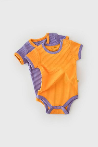 Magu Unisex Baby Cotton Lilac and Orange Ribbed Short Sleeve Bodysuit Set of 2