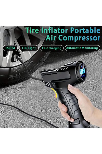 fulina Portable Car Tyre Inflator,120W Digital Handheld Air Pump with 12V DC,3 Nozzle Adaptors,LED Light