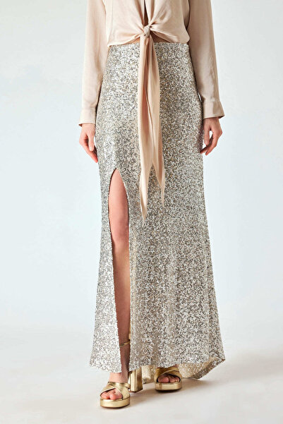 FEVER Yırtmaç detaylı uzun pul payet etek