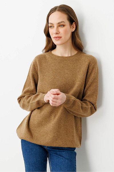 Desen Triko Women's Crew Neck Classic Wool Sweater V.Camel