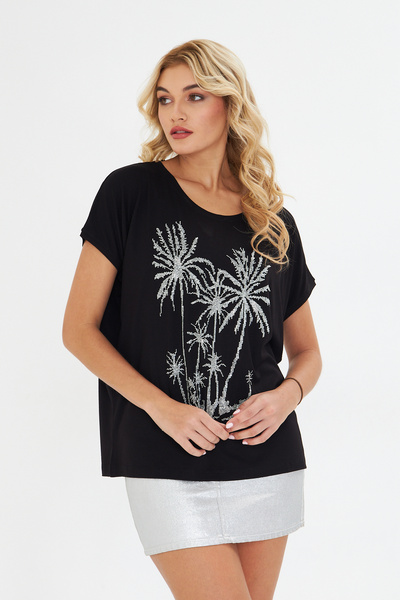 MODA Black Gray Palm Patterned Stone Embroidered Lycra Women's Combed Cotton Blouse