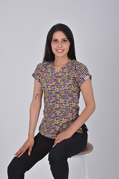 Nur Medikal Giyim Unisex Çizgili Papatya Desenli Likralı Doktor Hemşire Hasta...