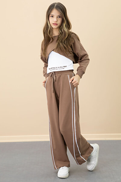 Cansın Mini Brown Stripe Detailed Wide Leg Cropped Girl's 3 Piece Set 20702