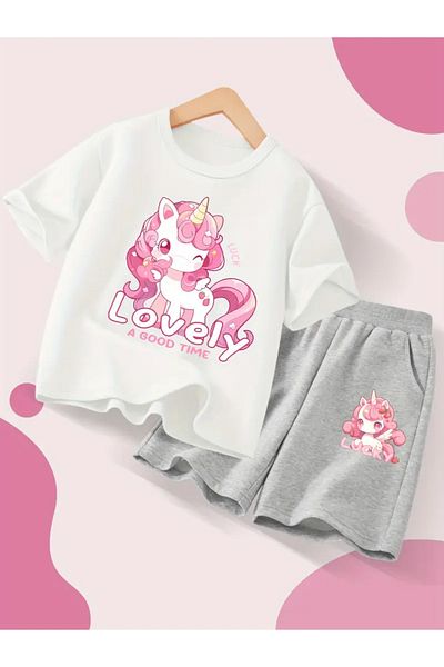 Machetta Girl's Unicorn Printed T-Shirt Shorts Bottom Top Children's Set