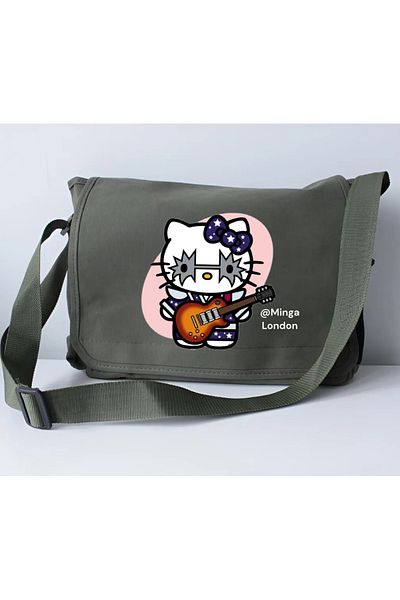 Minga London Khaki Gothic Guitarist Hello Kitty School, Course, Tutoring Messenger Bag -Minga London