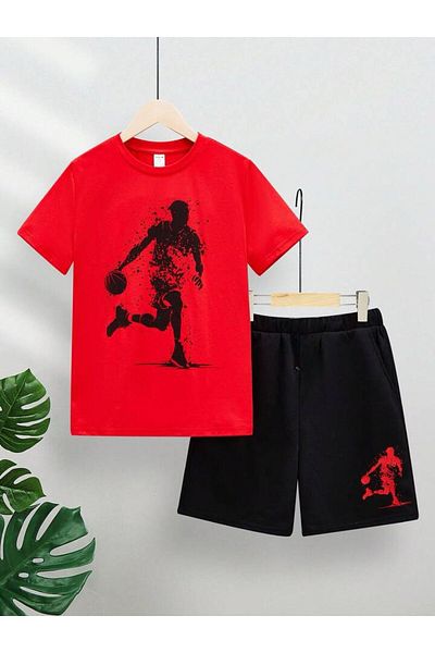 vinraus Girl\Boy Red-Black Spotted Basketball Player Printed Combed Cotton Shorts-Tshirt Set