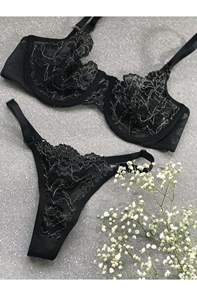 Masal Lingerie Γυναικείο Μαύρο Ασημί Κομψό Σετ Σουτιέν και Εσώρουχα