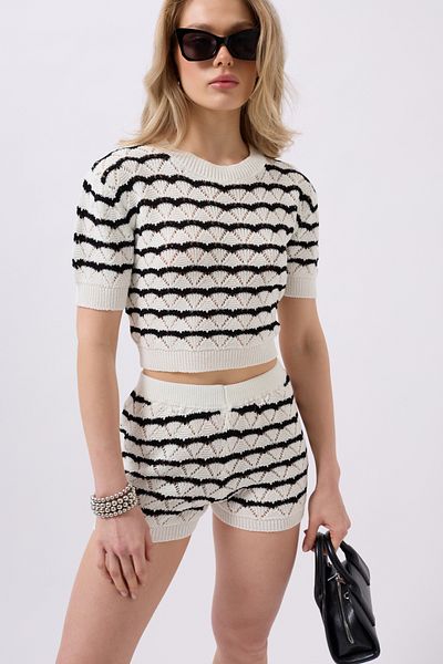 Black Fashion Openwork Knit Detail Black and White Shorts