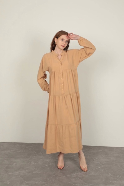 Lukas Modal Fabric Sleeves Elastic Beige Dress