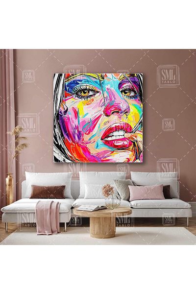 SML TABLO Ilustrație colorată de femeie roz ruj de machiaj portret pătrat pictură pe pânză