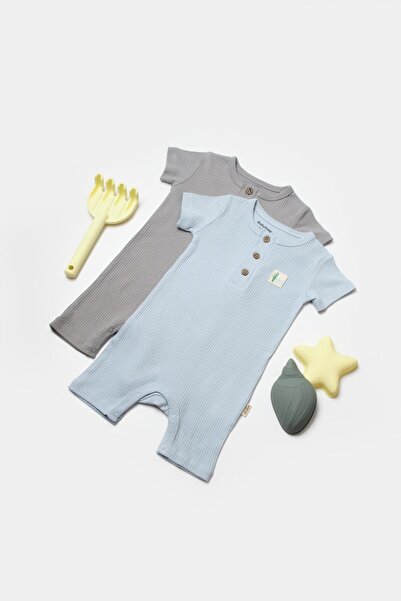 Magu Baby Boy 50% Bamboo 50% Organic Cotton Blue and Gray Short Sleeve Button Romper Set of 2