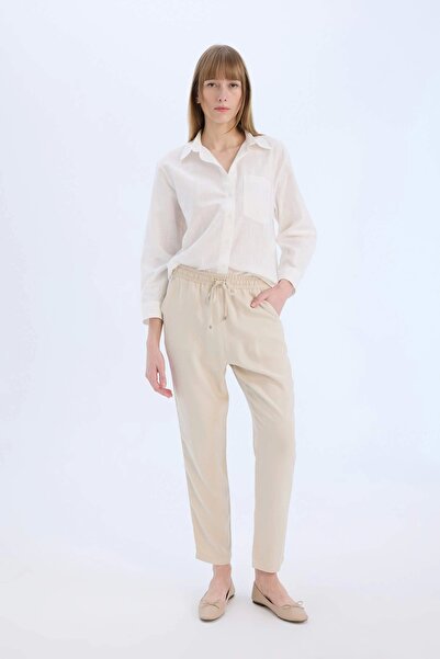 DeFacto Μπεζ Harem Belmando υφασμάτινο παντελόνι με τσέπη κανονική μέση Basic ίσιο πόδι