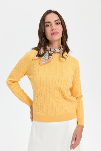 Desen Triko Жіночий светр з плетеним коміром та рукавами з золотистими нитками