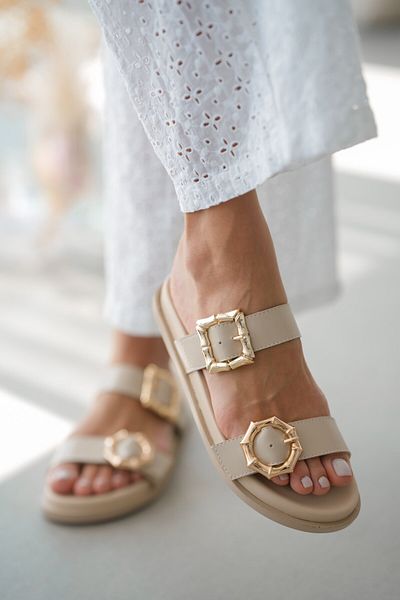 selinshoes Any Double Gold Buckle Women's Slippers - Ecru