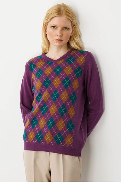 Desen Triko Women's V-Neck Diamond Wool Sweater A.Mor