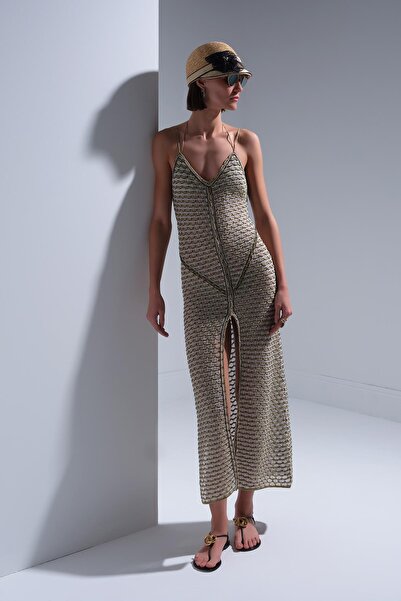 JOIN US Gold Sim Detaylı Yırtmaçlı Bej Midi Elbise