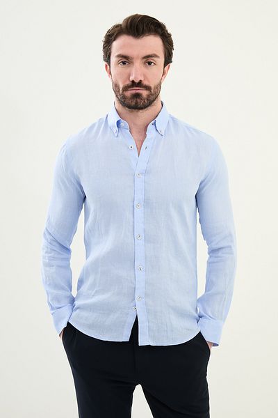 Mcr Plain Slim Fit 100% Linen Men's Shirt Blue - 27068.25Y