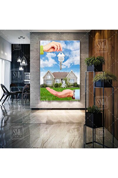 SML TABLO Bahçeli Ev Emlak Ofisi Real Estate Emlakçı Dikey Kanvas Tablo