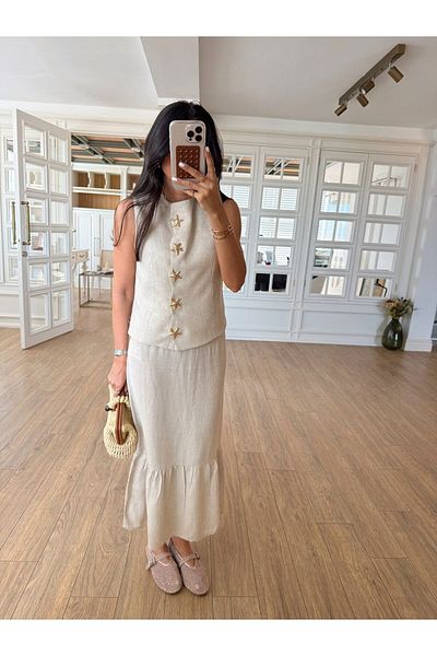 My Blog Natural Star Buttoned Vest Skirt Suit - 8706