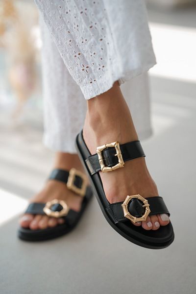 selinshoes Any Double Gold Buckle Women's Slippers - Black