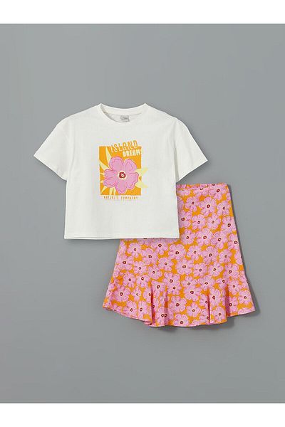 LC Waikiki Lcw Kids White Crew Neck Floral Girls T-Shirt and Skirt