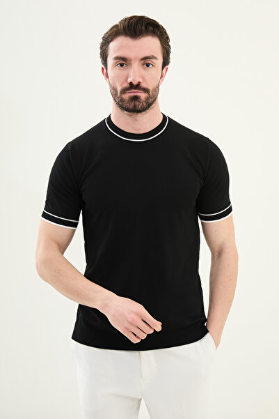 Mcr Прямий Slim Fit Велосипедний комір Чоловічий трикотажний футболка Чорно-білий - 11541.25Y