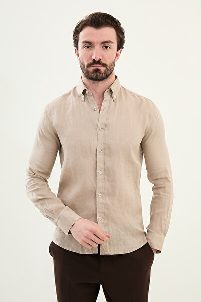 Mcr Прямий Slim Fit 100% льняний чоловічий сорочка бежевий - 27068.25Y