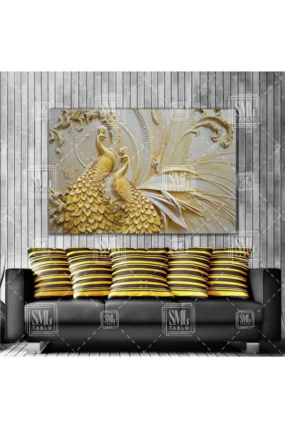 SML TABLO Mermer Efktli Tavus Kuşu Çifti Modern Dekoratif Yatay Kanvas Tablo