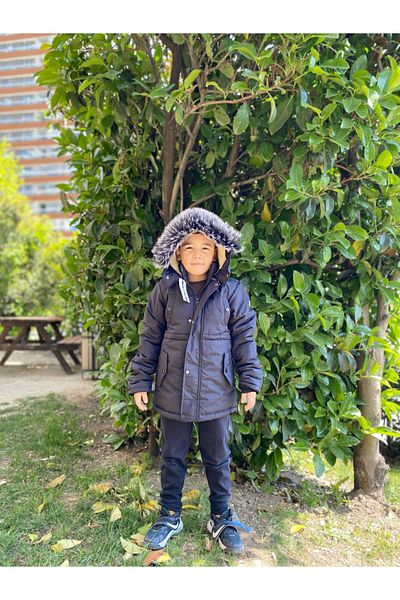 JUNİOR TİAMO Hooded, Thick Winter Coat with Fur Detail for Kids