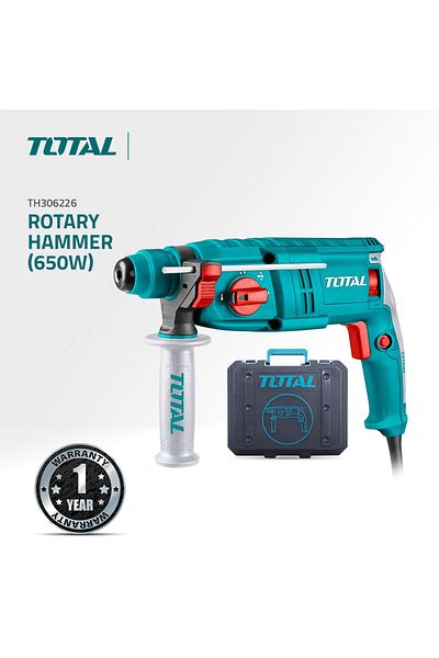 TOTAL 650W Rotary Hammer with 4 Functions, 3 Accessories, High Impact for Concrete, Wood, Steel