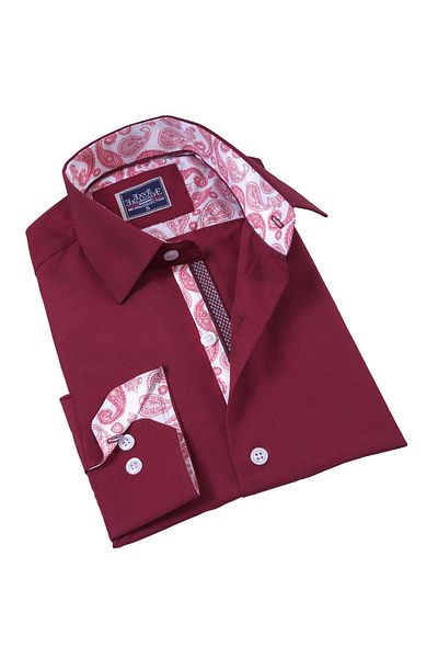 Exve Exclusive Slim Fit Men's Shirt with Burgundy Collar and White Shawl Pattern Detail on Cuff