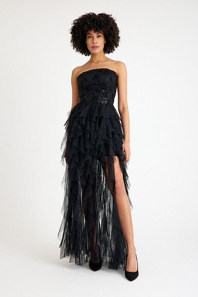 SpringStore Rochie de seară neagră fără bretele cu croiala asimetrică