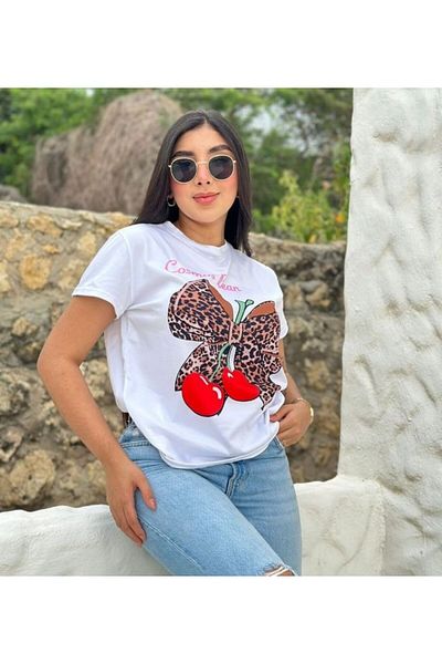 PENTHİLUS Women's Summer T-shirt, leopard print bow and cherry, round neck, short sleeves