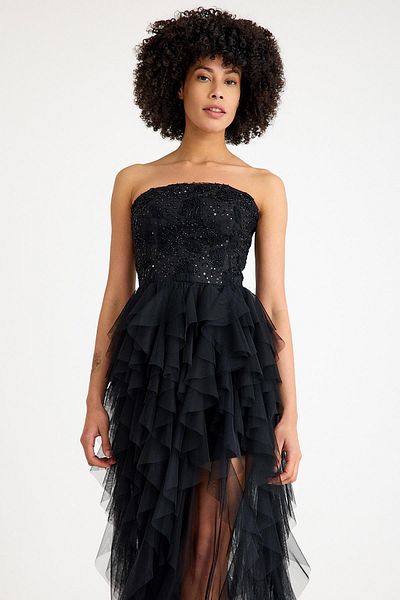SpringStore Rochie de seară neagră fără bretele cu croiala asimetrică
