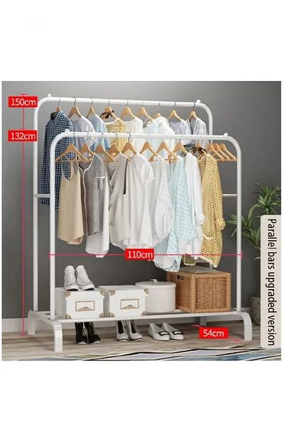 COOYA Clothes Rack, Heavy Duty Double Rods Clothes Hanging Rack, Storage Display, Metal, White