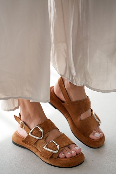 selinshoes Sandale de damă Carly din piele naturală cu cataramă dublă - TABAN SUEDE