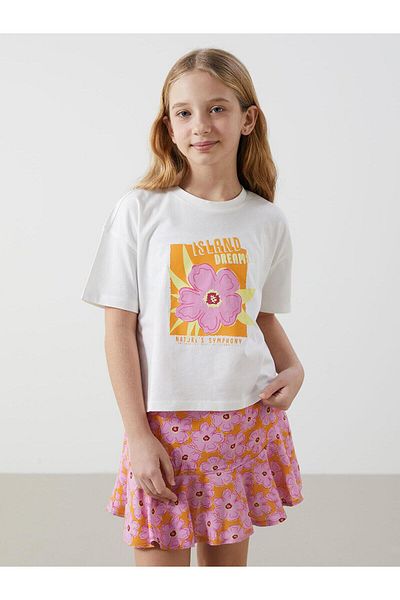 LC Waikiki Lcw Kids White Crew Neck Floral Girls T-Shirt and Skirt