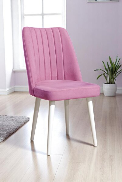 MYMASSA Polo Sandalye - Soho Pembe Kumaş - Ahşap Beyaz Ayak - Mutfak Sandalye...