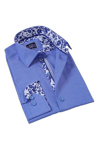 Exve Exclusive Slim Fit Men's Shirt with Blue Collar and White Blue Leaf Detail on the Cuffs