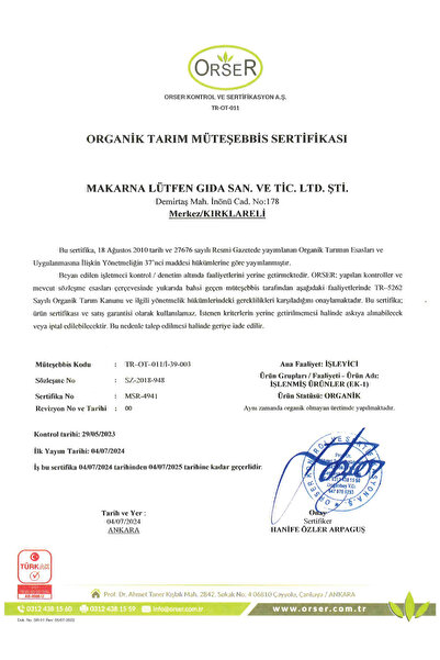 Makarna Lütfen Organik Sarı Mercimek ( 7 Ay-250 Gram)