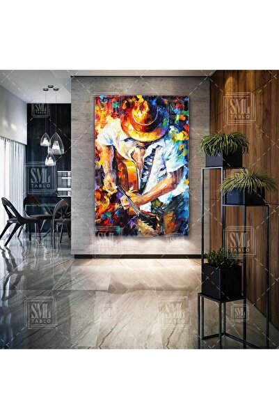 SML TABLO Gitar Çalan Şapkalı Adam Müzisyen Renkli Sokak Sanatı Dikey Kanvas ...