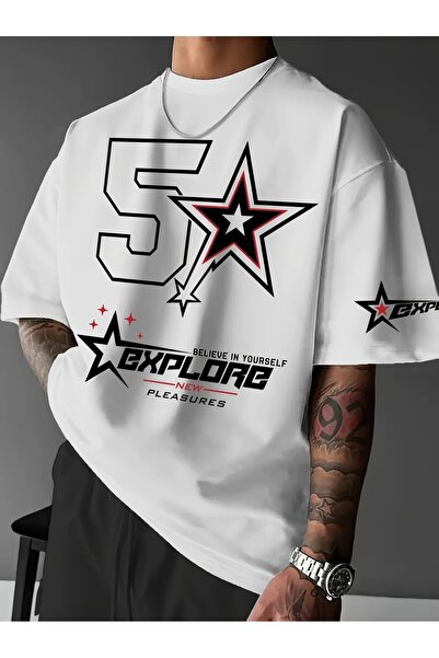 LAND MODA Ανδρικό μπλουζάκι με χαλαρό γιακά, με στάμπα "Believe In Yourself a...