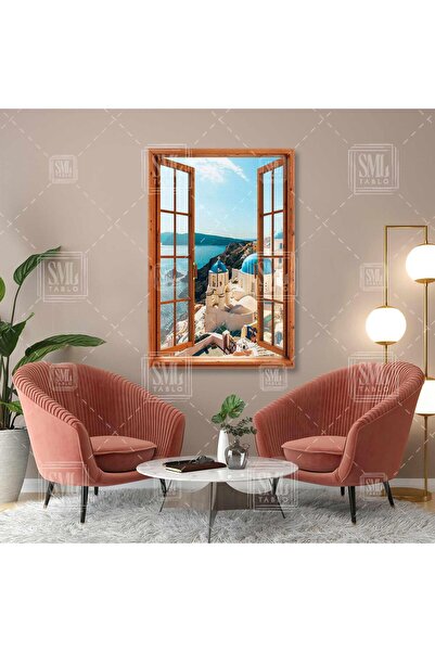 SML TABLO Açık Pencere Manzarası Santorini Adası Manzara Dikey Kanvas Tablo