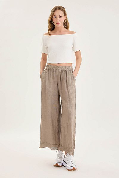 Vitrin Elastic Waist, Mesh Detailed Linen Trousers