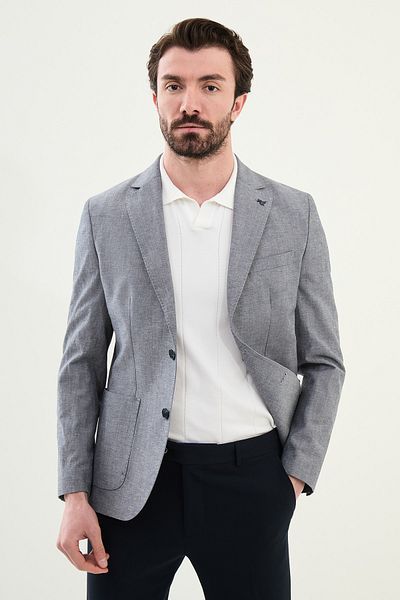 Mcr Melted Navy Blue Slim Fit Bag Pocket Mono Collar Linen Men's Jacket